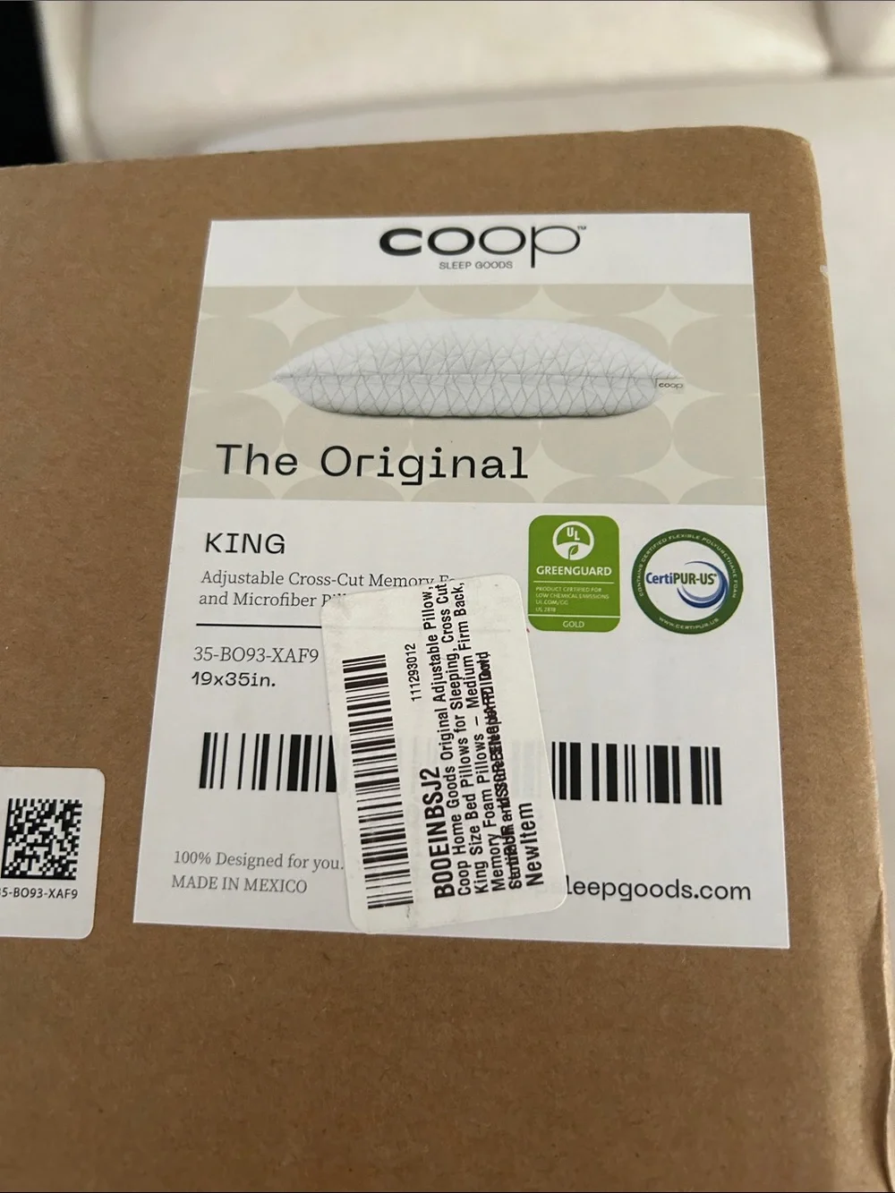 COOP Sleep Original Adjustable Pillow, King Size, NWT